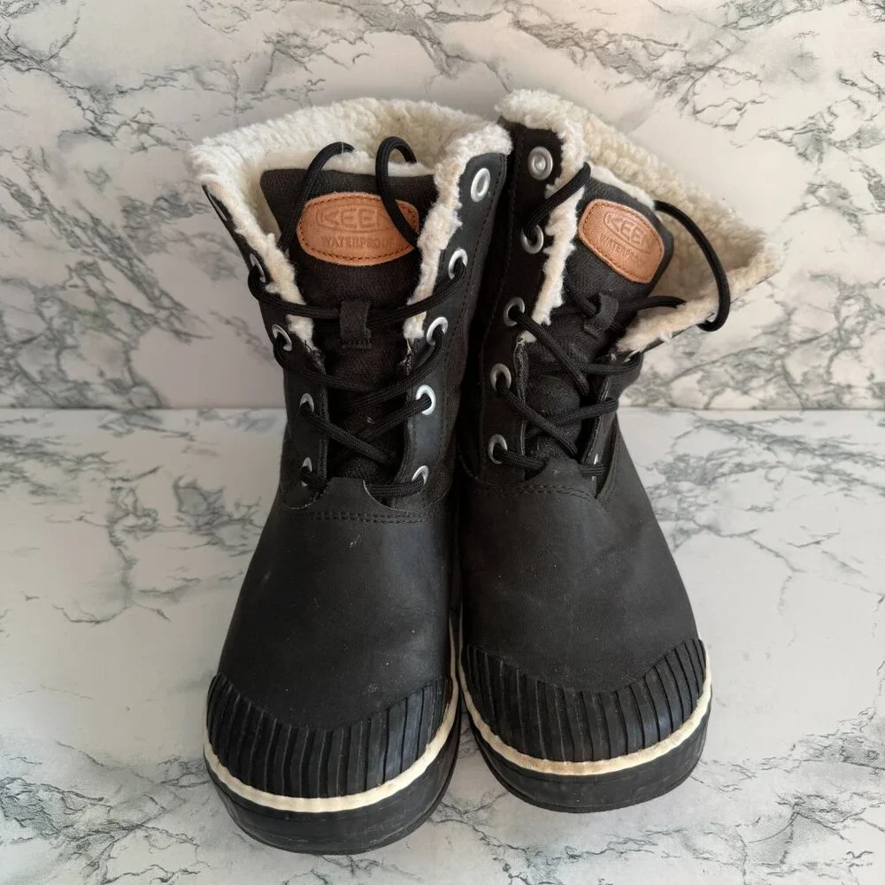 Keen Women 7 Elsa Winter Boot Sherpa Lined Mid Calf Snow Black Warm Fleece Lace - Picture 3 of 8